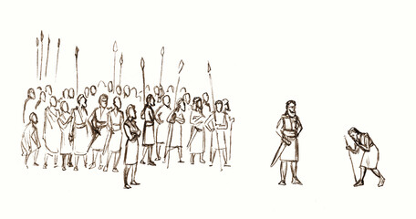 Pencil drawing. The army watches the meeting of Jacob and Esau