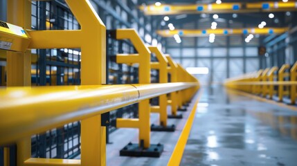 Yellow machinery lined up in a vast, well-lit warehouse showcasing advanced logistics.