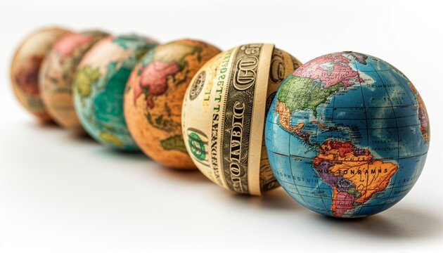 Vintage globes in a row on white background