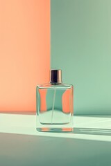 Elegant perfume bottle on dual-tone background with shadows