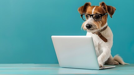 A dog sitting in front of a laptop in glasses with a plain background