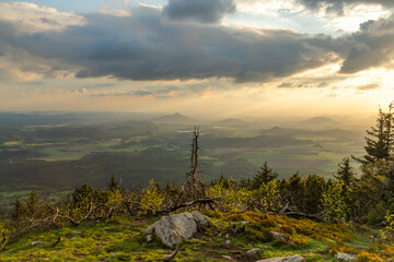 View from Jested hill on spring fresh landscape with color sunset
