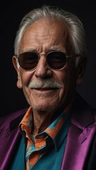 Gray-haired elderly man in stylish club clothes on a black background.