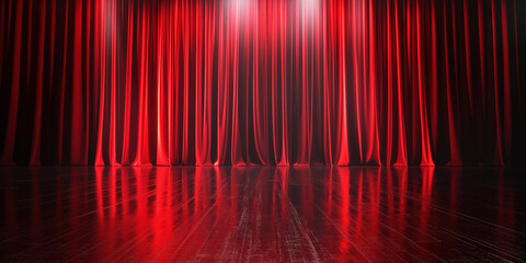 Glowing red curtains with reflective stage. Intense red curtains illuminated by a soft backlight, set against a highly reflective stage, ideal for theatrical and performance settings