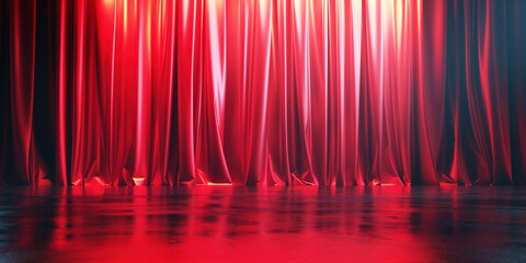 Illuminated red stage curtains with glossy reflection. Intense red curtains bathed in dramatic lighting on a glossy stage floor, perfect for dynamic and striking presentations