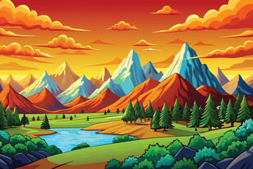 Beautiful vector illustration of stunning mountain range landscape with vibrant colours at sunset or sunrise ,for kids background.AI GENERATED