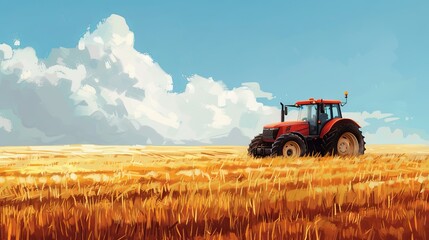 Obraz premium Golden harvest time with a red tractor in the field under a blue sky