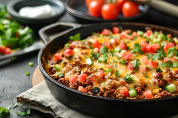 Cheesy beef taco skillet with fresh toppings on dark background