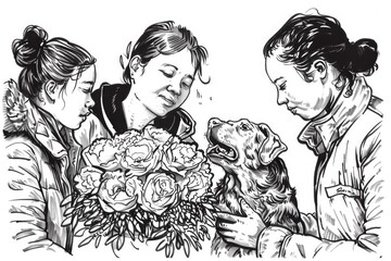A drawing of three people and a dog, suitable for various projects