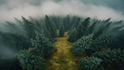 evergreen forest view from overhead, fog rolling in, looks like the pacific northwest