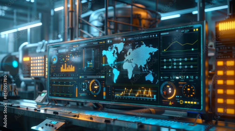 Poster a futuristic control panel displaying various data analytics, with a world map and statistical graph