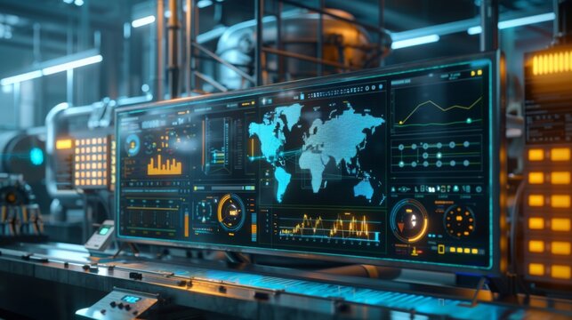 A futuristic control panel displaying various data analytics, with a world map and statistical graphs.