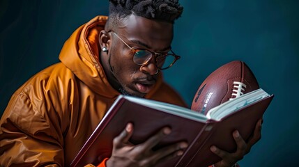 A student athlete balancing school and sports, holding both a textbook and a football Style Dual achievement, Color Dynamic, Technique Photography