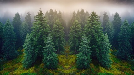 Fototapeta premium evergreen forest view from overhead, fog rolling in, looks like the pacific northwest