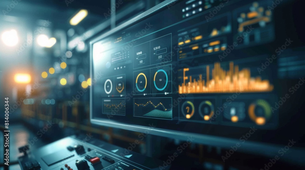 Poster a high-tech control panel with illuminated digital displays and graphical interfaces in a dimly lit 