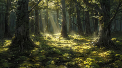 Fototapeta premium Sunlight filtering through the dense canopy of an ancient forest, casting dappled shadows on the velvety carpet of moss below.