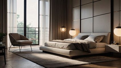 Obraz premium bedroom showcasing minimalist elegance with neutral color palettes, minimalist furniture with clean lines, and soft lighting to create a calm and relaxed atmosphere.