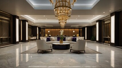 hotel lobby that celebrates artistic minimalism with curated art pieces, sculptural furnishings, and statement lighting fixtures, creating a visually striking yet uncluttered space.