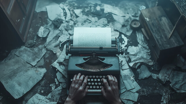 alone writer in bunker typing on typewriter