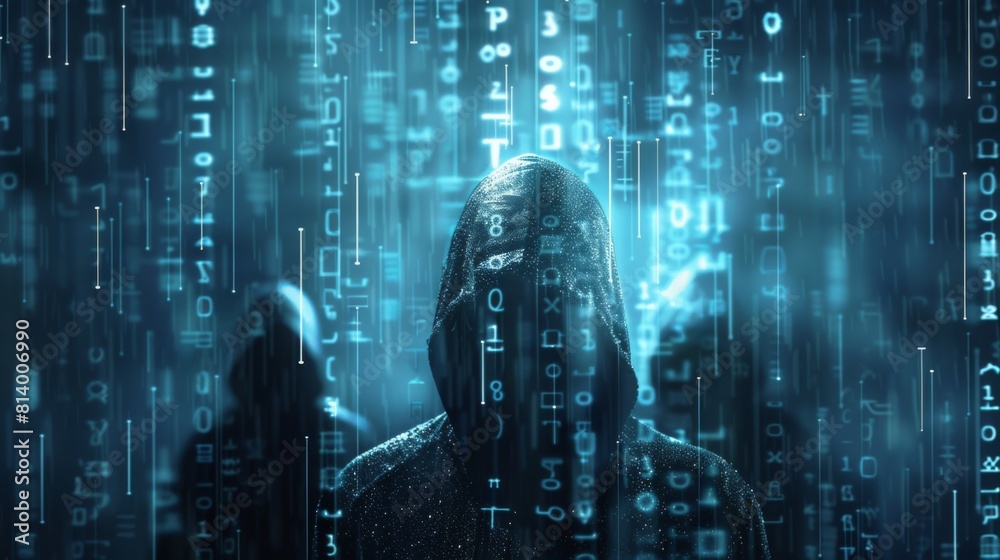 Poster a man wearing a hoodie is standing in front of a display of binary code, seemingly contemplating the