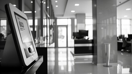 Employee attendance system, Front view of an office entry point using fingerprint scanning to log employee attendance, workforce management, Digital binary as object, Black and white