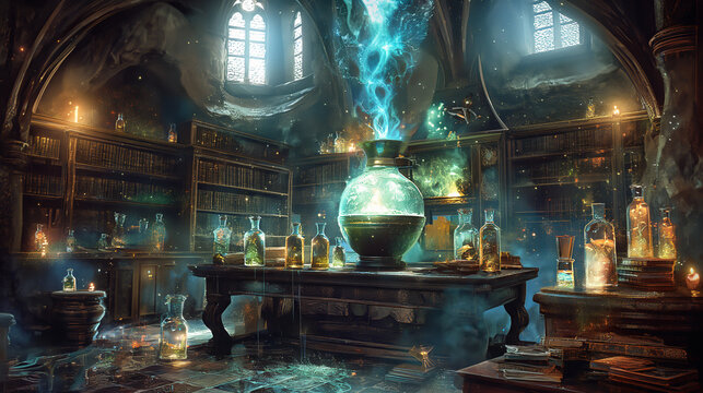 Magic laboratory with glowing blue potion in the center