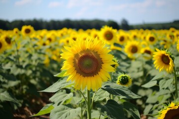Obraz premium Vibrant sunflower dominates the foreground in a lush field under a clear sky