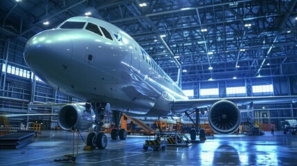 A large commercial airplane in a hangar receiving night-time maintenance before its next flight.