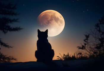 A black cat sitting under a full moon with its silhouette visible against the night sky