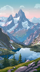 Pastel Landscape Illustration, Serene Pastel Landscape, Pastel Landscape Painting, Nature Landscape Art Pastel, Artistic Mountain Illustration, Tranquil Mountain View