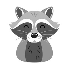 Cute cartoon raccoon head character in flat style. Forest animal for logo, print, greeting card.