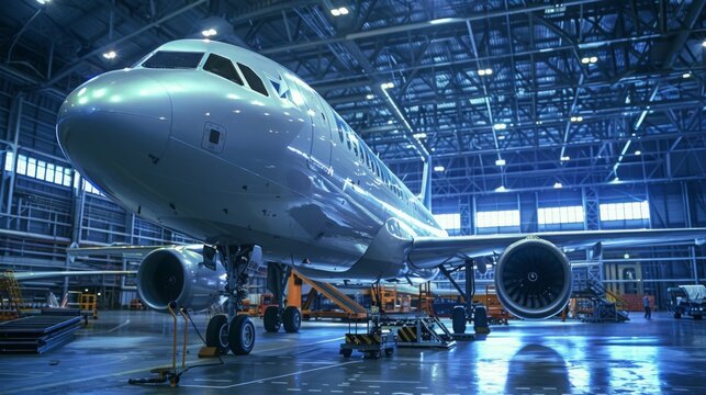 A large commercial airplane in a hangar receiving night-time maintenance before its next flight. - Powered by Adobe