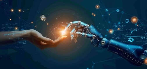 Human Hand Interacting with Advanced Robotic Arm.