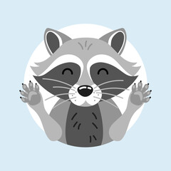 Cute funny cartoon raccoon with paws in flat style. Forest animal character for logo, print, greeting card.
