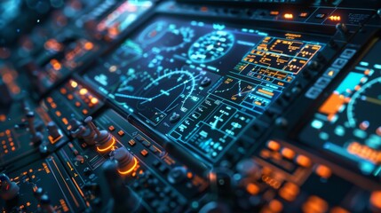 Fototapeta premium Detailed view of the cockpit in an airplane, showing instruments, controls, and pilots seats.