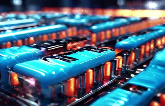 Mass production assembly line light motion of electric vehicle battery cells close-up view
