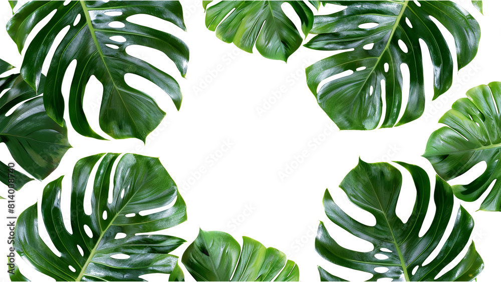 Wall mural monstera tropical leaves on transparent background. flat lay, top view.