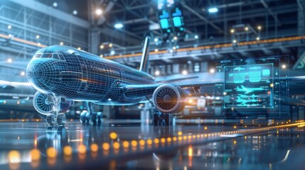 A high-tech airplane is shown in a hangar, surrounded by holographic maintenance interfaces during the evening.