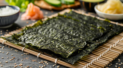 Detailed Image of Nori Sheets on a Bamboo Mat