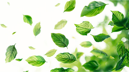 Naklejka premium Green leaves flying in the air isolated on transparent background.