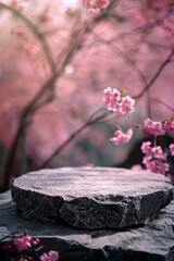 beautiful natural circle podium of stone for products, outdoor, beautiful cherry blossom garden, professional studio photography, macro, negative space, fujifilm velvia, generative ai 