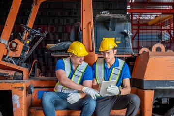 Two workers wearing hard hats and safety vests are sitting on a forklift, looking at a tablet.