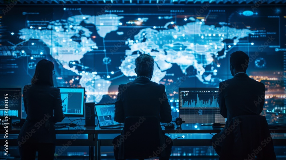 Poster three analysts oversee worldwide operations on large screens displaying maps and data in a modern co