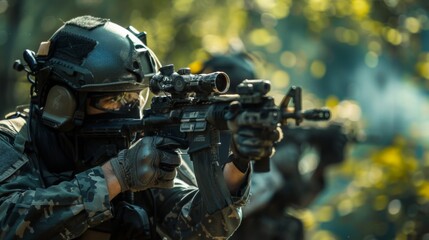 A soldier in a camouflage uniform holds a gun.