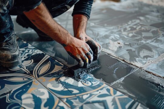 A man is cleaning a tiled floor. Suitable for cleaning services advertisement