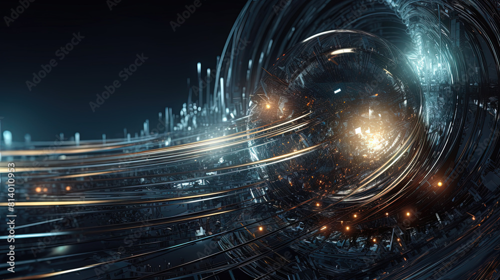 Poster Abstract technology burst with glowing wires and particles in motion. Technology and science dynamic background.