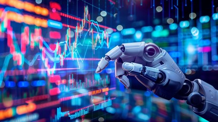 A robotic hand pointing at fluctuating stock market graphs, symbolizing automated trading and AI in finance