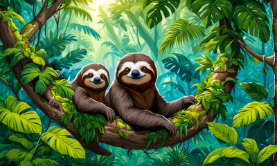 Fototapeta premium sloths in the forest background wallpaper 