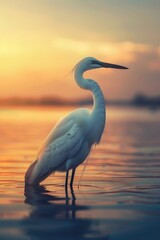Naklejka premium A serene image of a white bird standing in the water at sunset. Perfect for nature and wildlife themes