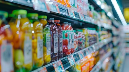 Naklejka premium Bottles of various drinks neatly arranged on a store shelf, showcasing an array of colors and brands.